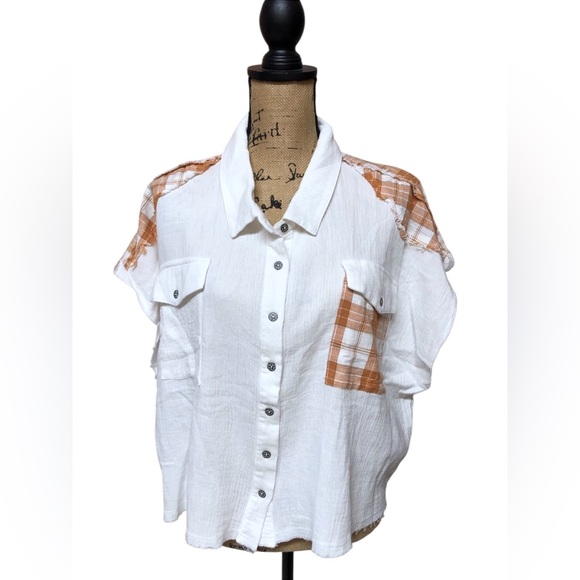 POL 2XL BNWOT Plaid Accent Off White Boho/Casual Button Up Top🌻 - Picture 5 of 8